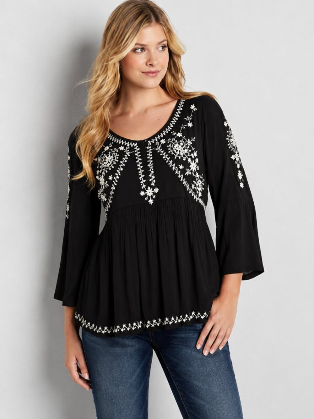 NWT MAURICES Black Babydoll Peasant Top with embroidery MEDIUM